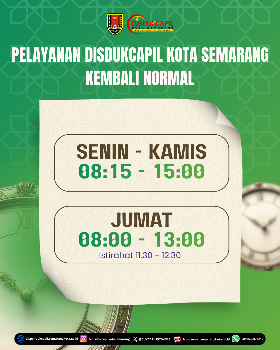 JAM LAYANAN DISDUKCAPIL KOTA SEMARANG KEMBALI NORMAL